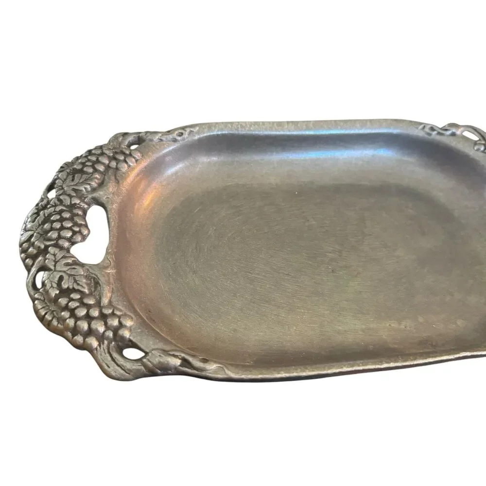 Vintage Pewter Serving Tray Dish Ornate Grape Handles 11.5